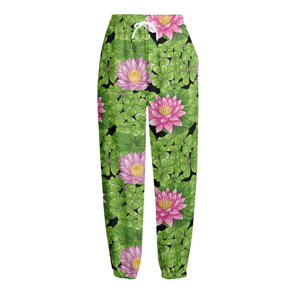 Cute Water Lily Pattern Print Fleece Lined Knit Pants