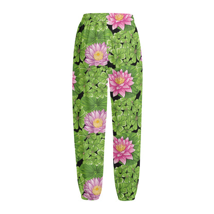 Cute Water Lily Pattern Print Fleece Lined Knit Pants