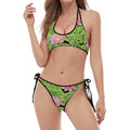 Cute Water Lily Pattern Print Halter Scoop Tie Side Bikini