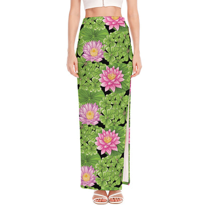 Cute Water Lily Pattern Print High Slit Maxi Skirt