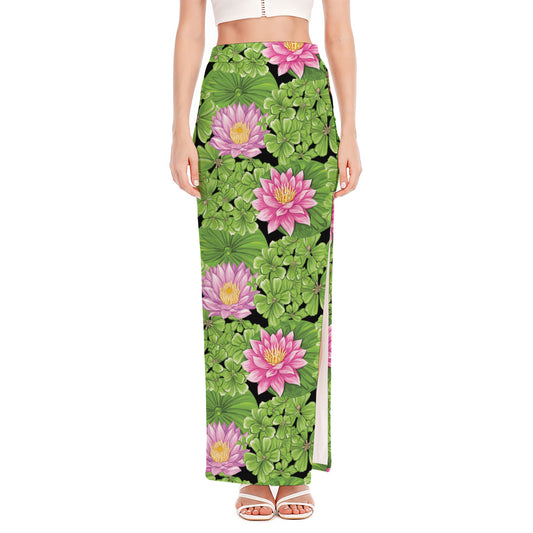 Cute Water Lily Pattern Print High Slit Maxi Skirt