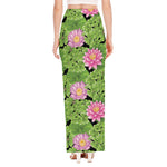 Cute Water Lily Pattern Print High Slit Maxi Skirt
