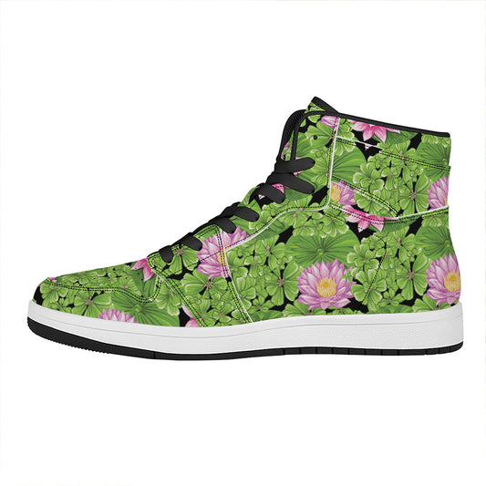 Cute Water Lily Pattern Print High Top Leather Sneakers
