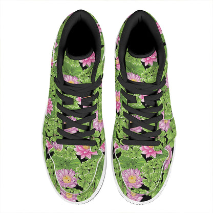 Cute Water Lily Pattern Print High Top Leather Sneakers
