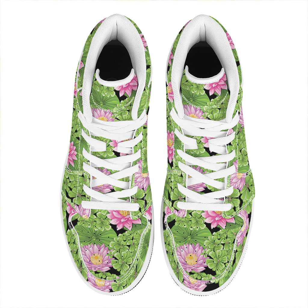 Cute Water Lily Pattern Print High Top Leather Sneakers