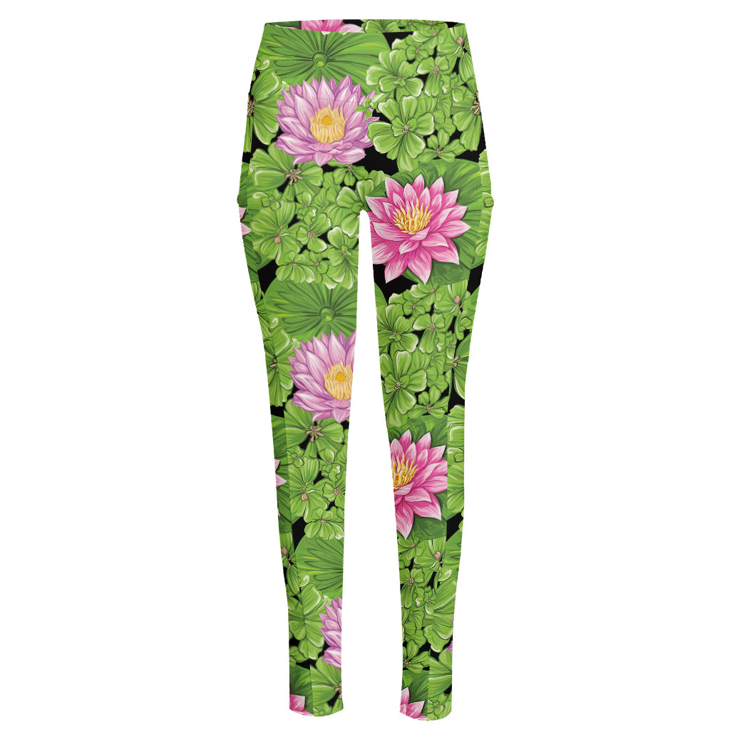 Cute Water Lily Pattern Print High-Waisted Pocket Leggings