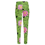 Cute Water Lily Pattern Print High-Waisted Pocket Leggings