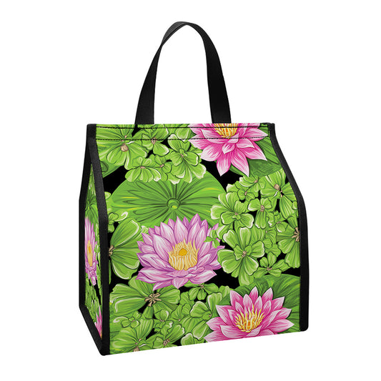 Cute Water Lily Pattern Print Insulated Lunch Tote
