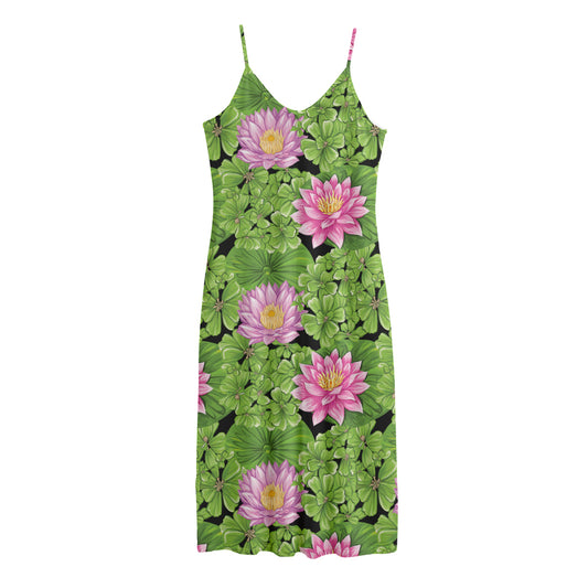 Cute Water Lily Pattern Print Jersey Midi Cami Dress