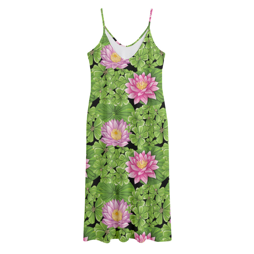 Cute Water Lily Pattern Print Jersey Midi Cami Dress