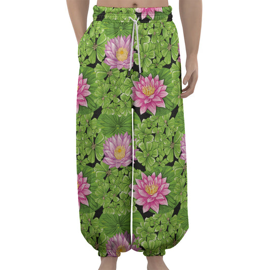 Cute Water Lily Pattern Print Lantern Pants