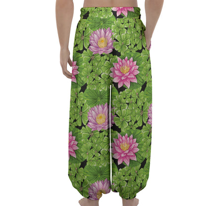 Cute Water Lily Pattern Print Lantern Pants