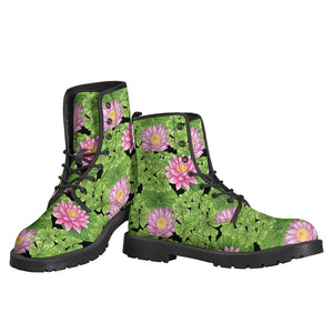 Cute Water Lily Pattern Print Leather Boots – GearFrost