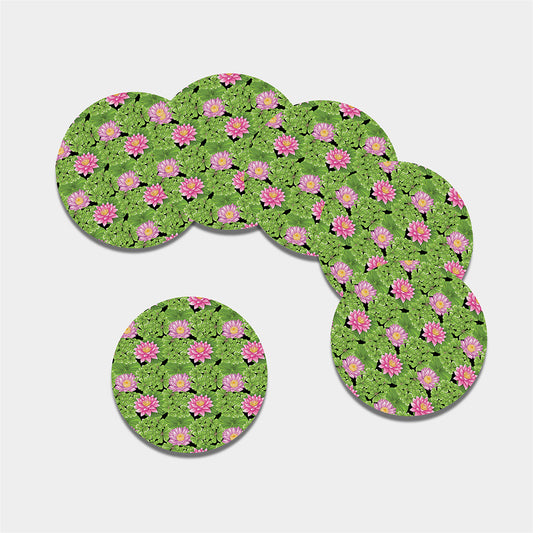 Cute Water Lily Pattern Print Leather Coaster Set