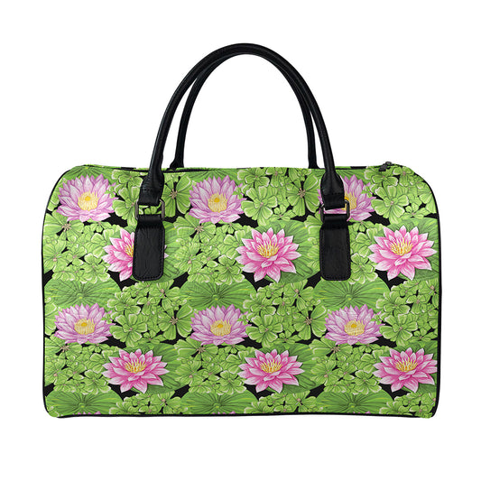 Cute Water Lily Pattern Print Leather Duffle Bag