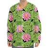 Cute Water Lily Pattern Print Long Sleeve Baseball Jersey