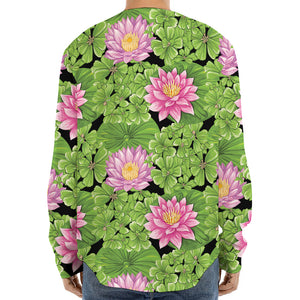 Cute Water Lily Pattern Print Long Sleeve Baseball Jersey