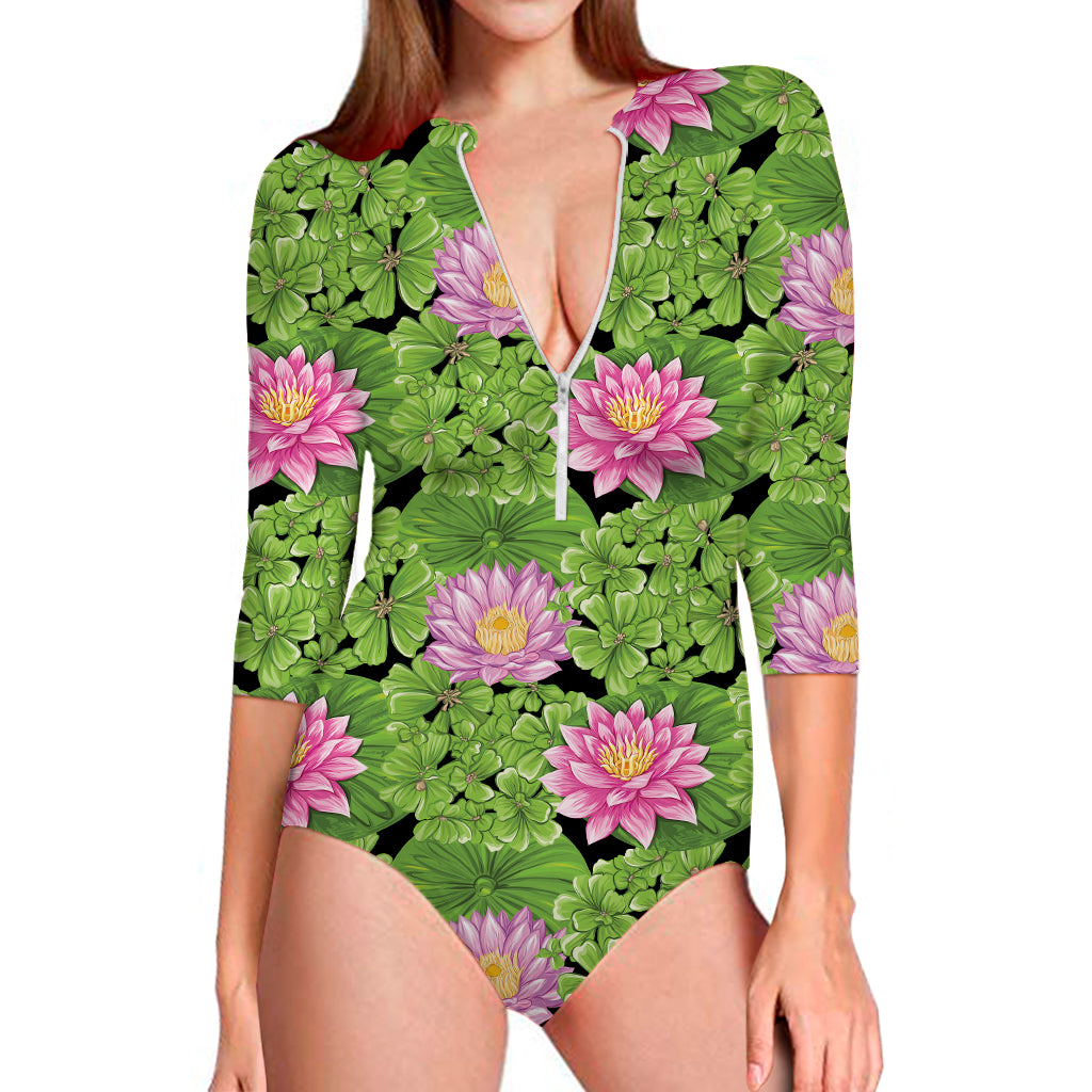 Cute Water Lily Pattern Print Long Sleeve Swimsuit