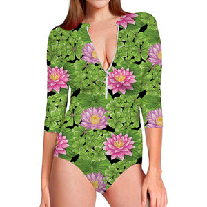 Cute Water Lily Pattern Print Long Sleeve Swimsuit