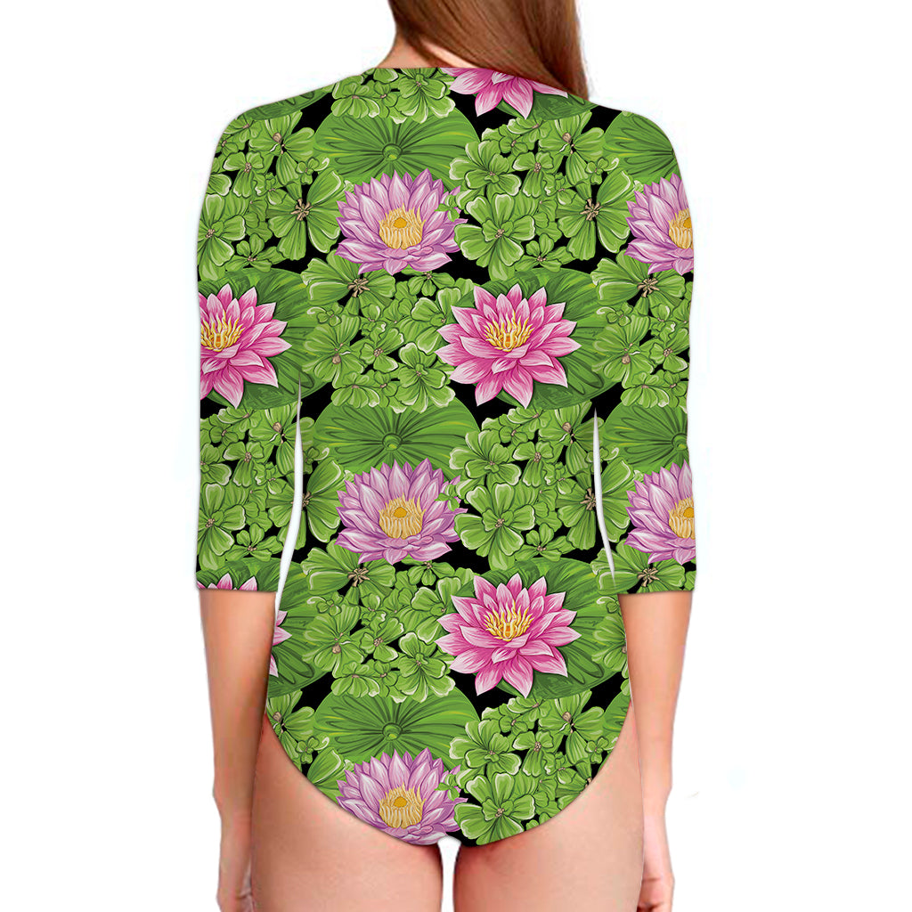 Cute Water Lily Pattern Print Long Sleeve Swimsuit