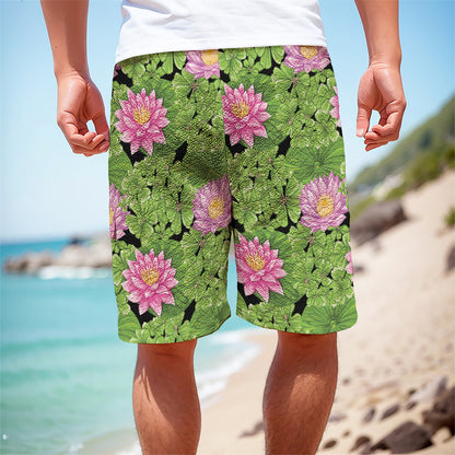 Cute Water Lily Pattern Print Men's Cargo Shorts
