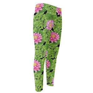 Cute Water Lily Pattern Print Men's Compression Pants