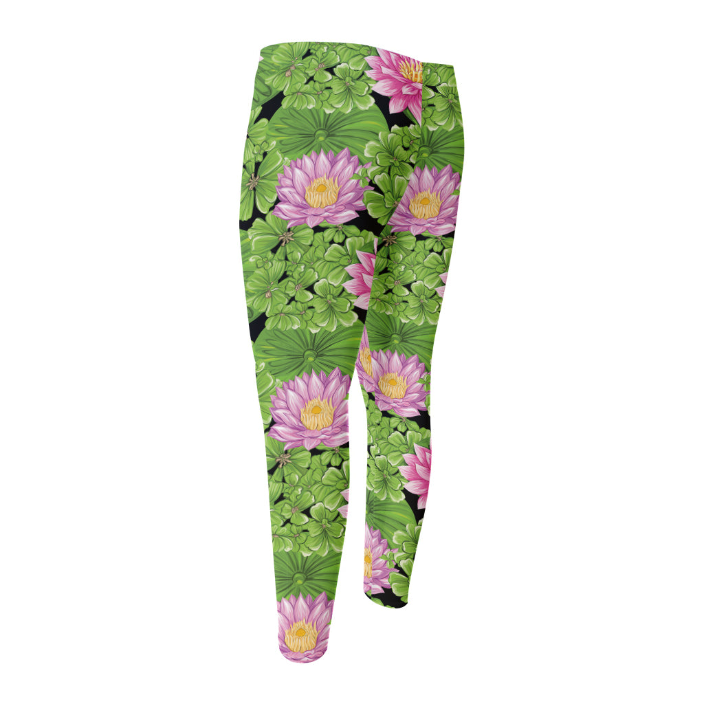 Cute Water Lily Pattern Print Men's Compression Pants