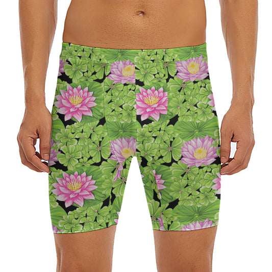 Cute Water Lily Pattern Print Men's Long Boxer Briefs
