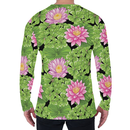 Cute Water Lily Pattern Print Men's Long Sleeve T-Shirt