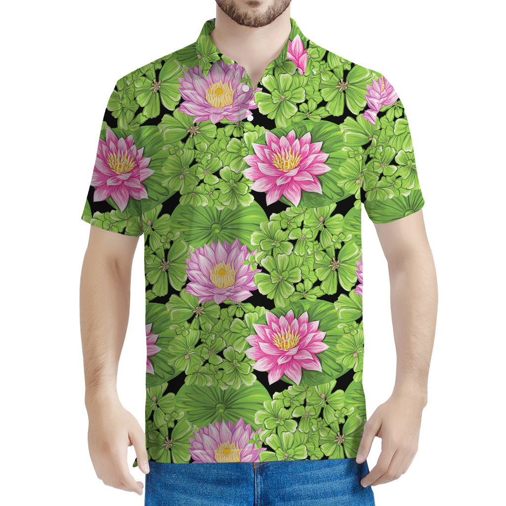 Cute Water Lily Pattern Print Men's Polo Shirt