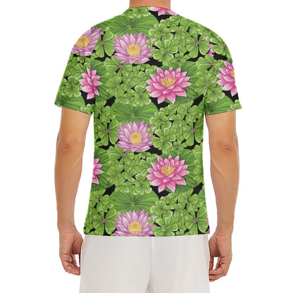 Cute Water Lily Pattern Print Men's Short Sleeve Rash Guard