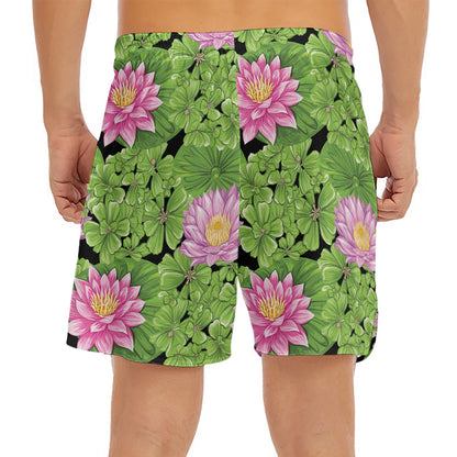 Cute Water Lily Pattern Print Men's Split Running Shorts