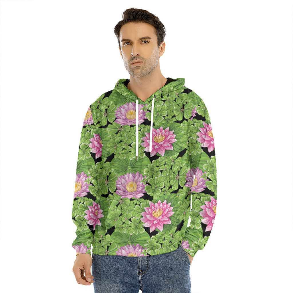 Cute Water Lily Pattern Print Men's Velvet Pullover Hoodie