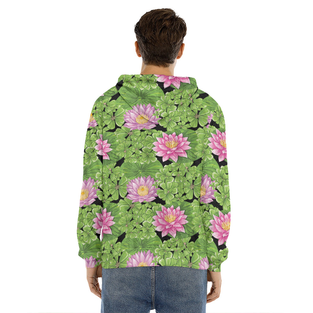 Cute Water Lily Pattern Print Men's Velvet Pullover Hoodie