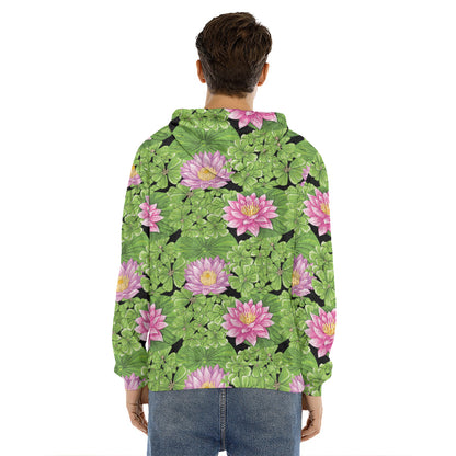 Cute Water Lily Pattern Print Men's Velvet Pullover Hoodie