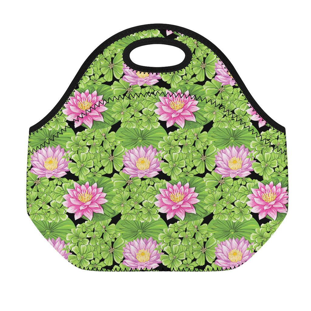 Cute Water Lily Pattern Print Neoprene Lunch Bag
