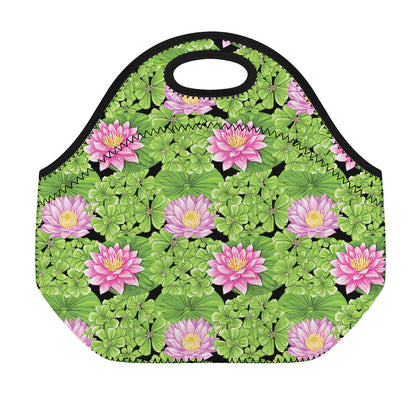 Cute Water Lily Pattern Print Neoprene Lunch Bag
