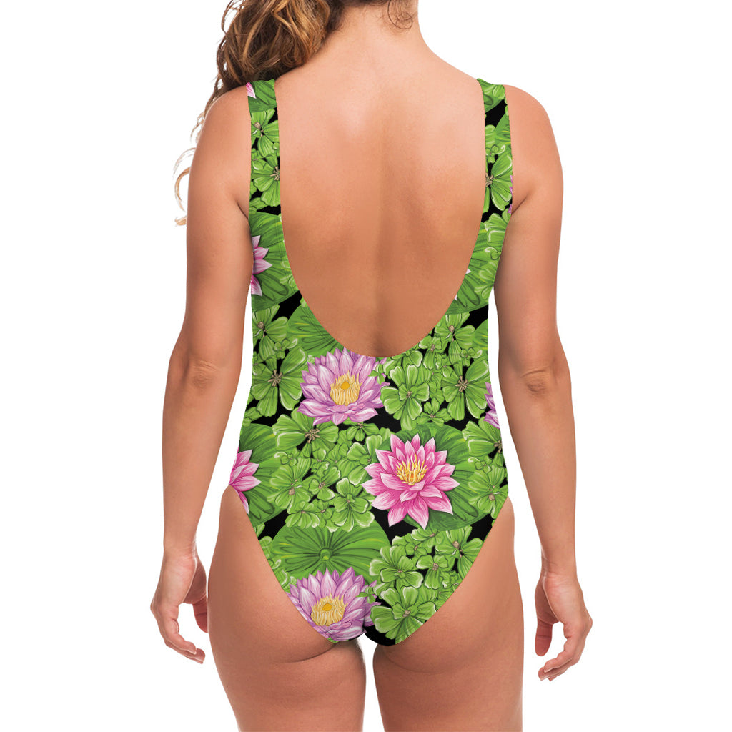 Cute Water Lily Pattern Print One Piece Swimsuit