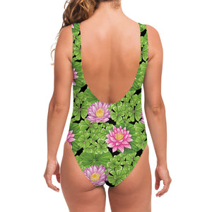 Cute Water Lily Pattern Print One Piece Swimsuit