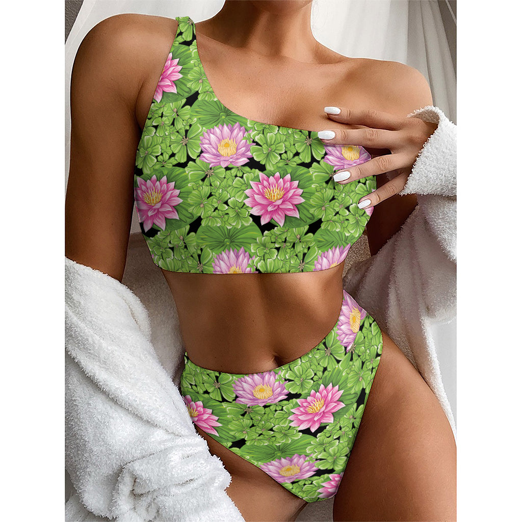 Cute Water Lily Pattern Print One Shoulder Bikini Top