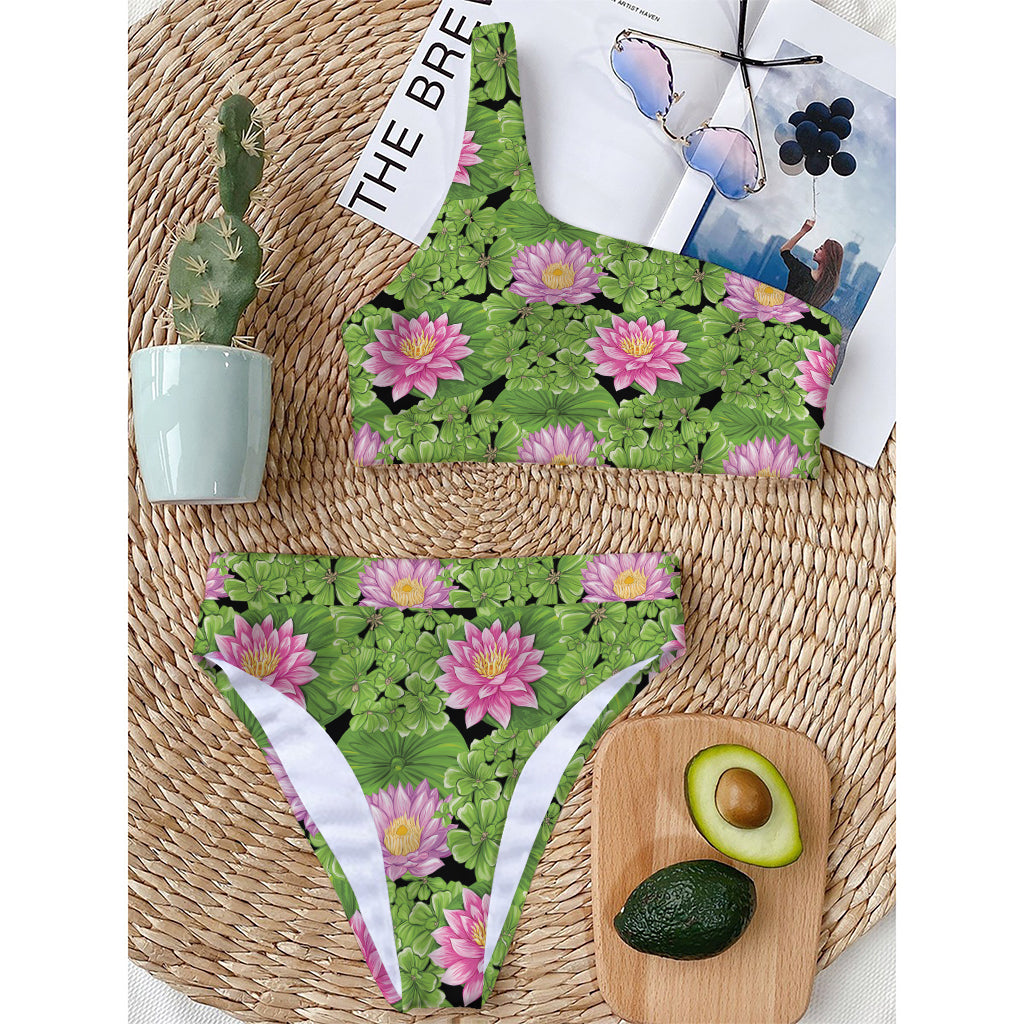 Cute Water Lily Pattern Print One Shoulder Bikini Top