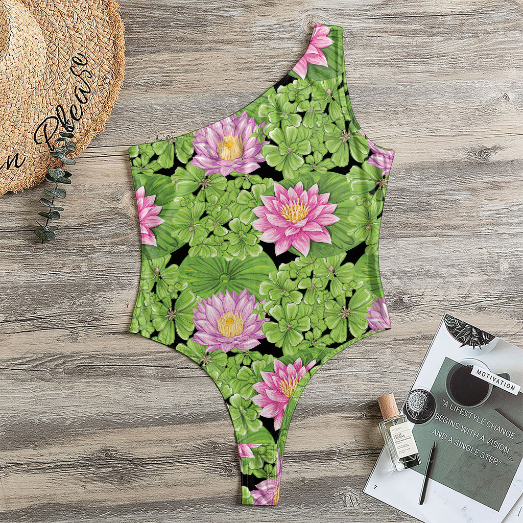Cute Water Lily Pattern Print One Shoulder Bodysuit