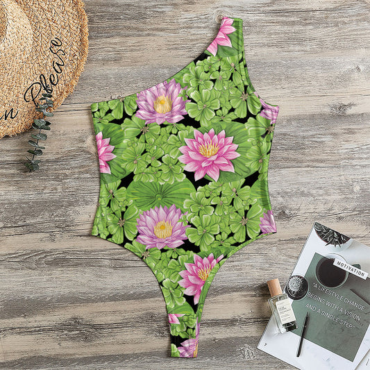Cute Water Lily Pattern Print One Shoulder Bodysuit