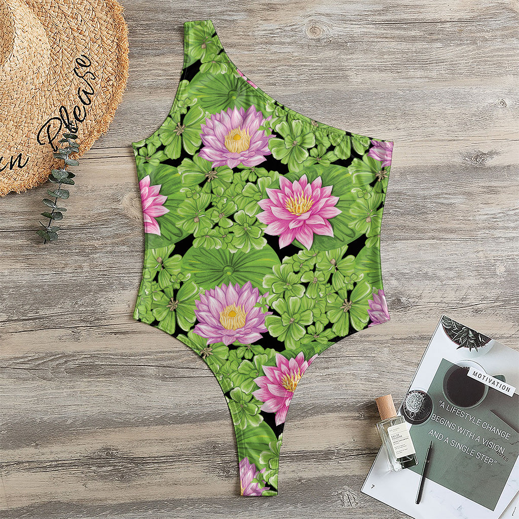 Cute Water Lily Pattern Print One Shoulder Bodysuit