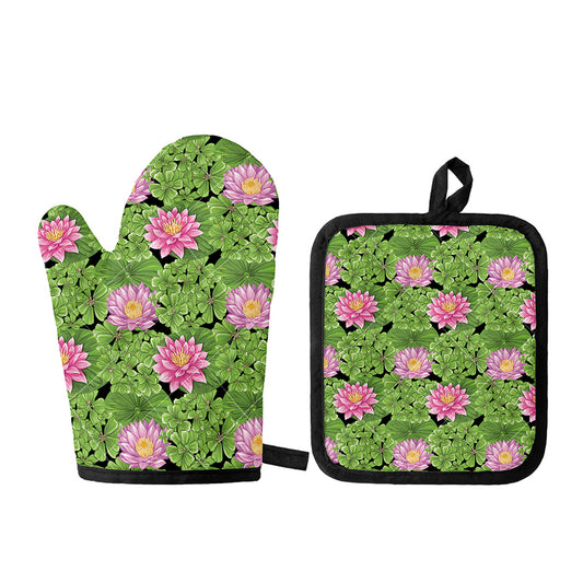 Cute Water Lily Pattern Print Oven Mitt And Pot Holder Set