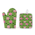 Cute Water Lily Pattern Print Oven Mitt And Pot Holder Set