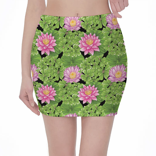 Cute Water Lily Pattern Print Pencil Mini Skirt