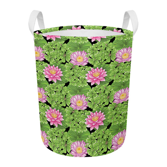 Cute Water Lily Pattern Print Round Laundry Basket