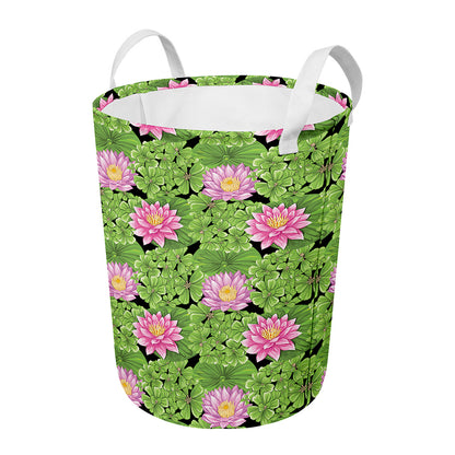Cute Water Lily Pattern Print Round Laundry Basket