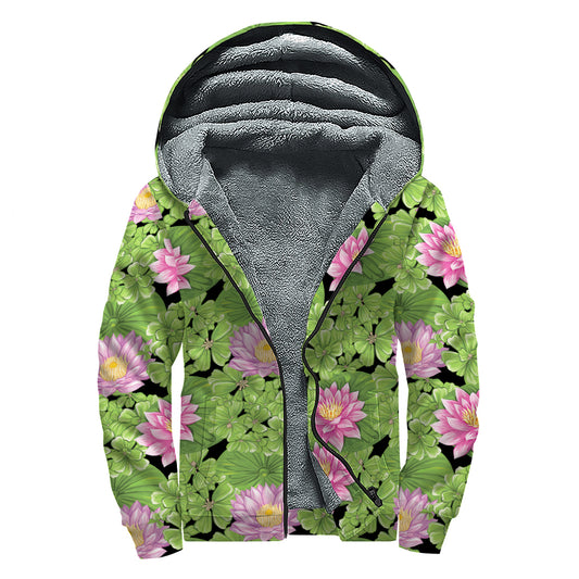 Cute Water Lily Pattern Print Sherpa Lined Zip Up Hoodie